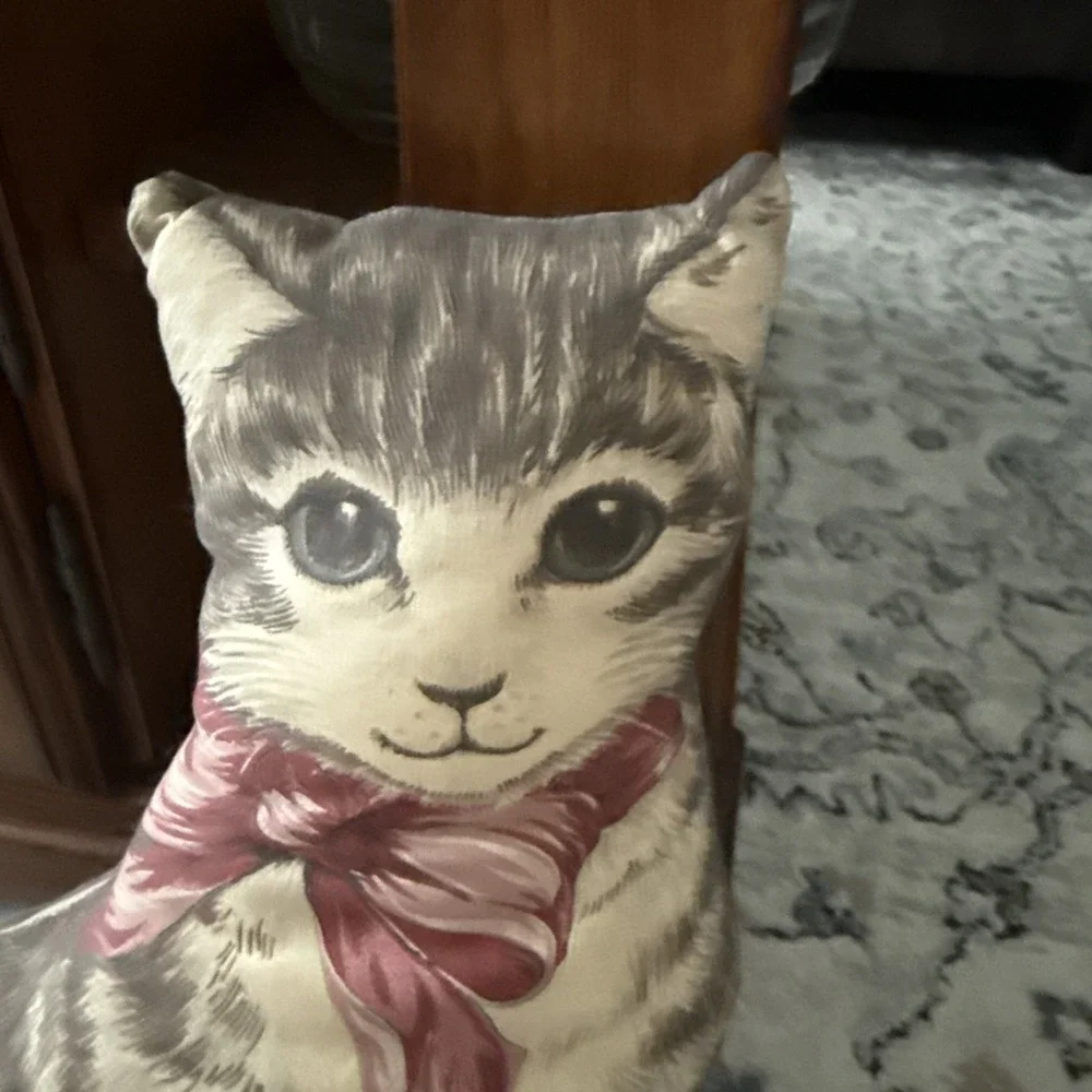 Vintage Tabby Cat Pillow Blue Eyes Pink Bow Brown Cat White Fur